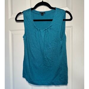 Lafayette 148 New York Teal Blue 100%‎ Linen Pleated Scoop Neck Sleeveless Top L